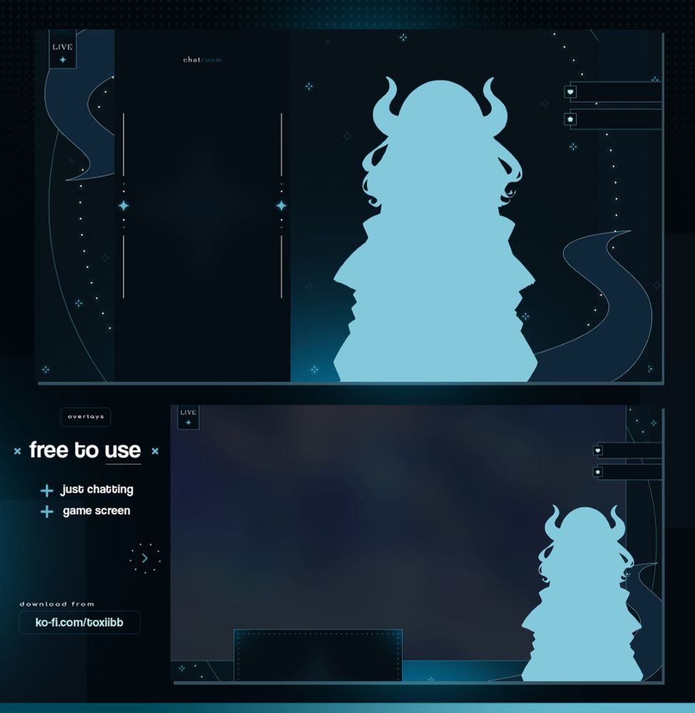 a free to use stream overlay in various shades of teal, with white elements. there are two circles in the background, one made of small glowing dots, there are also sparkles in the background. the aesthetic is calm. 