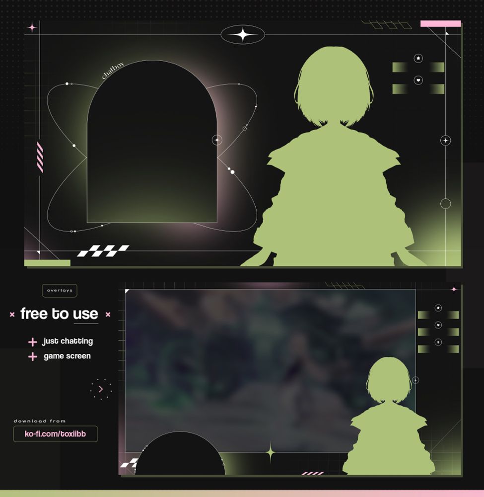 Free to use stream overlay mainly in pastel green and pink colors, with dark grey background. 