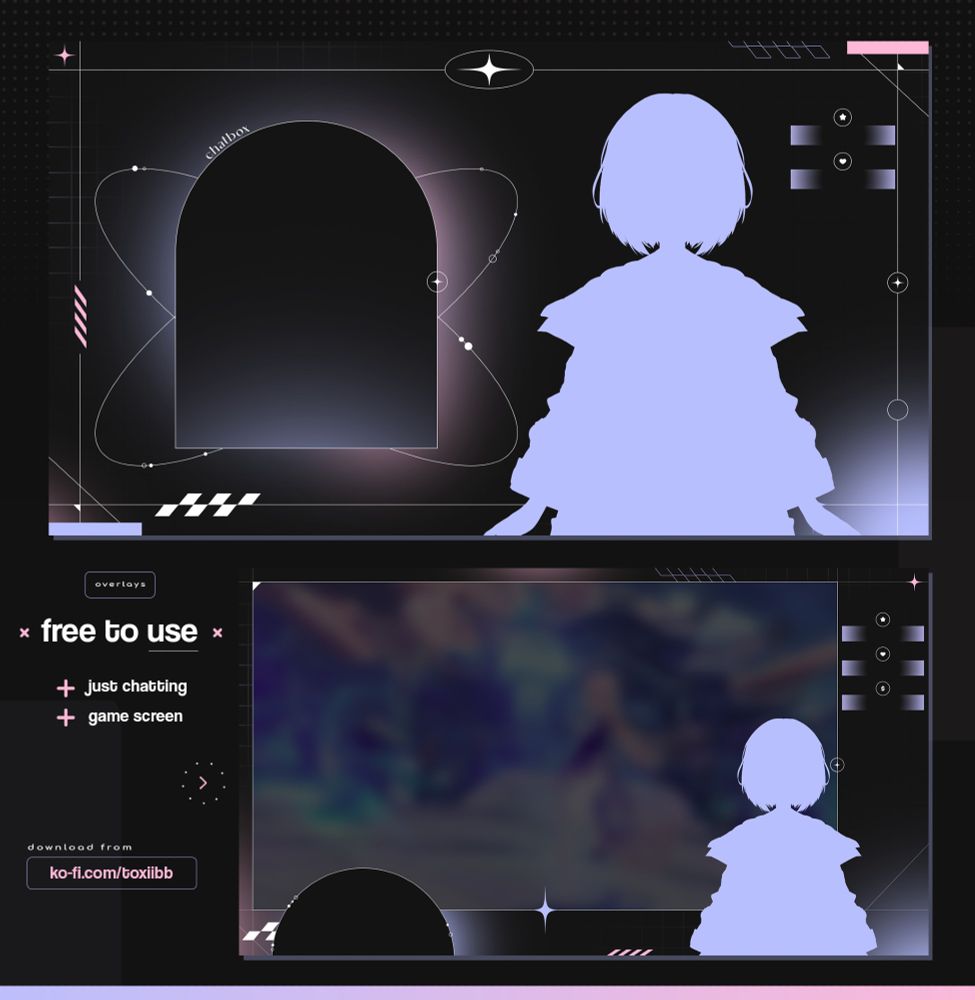 Free to use stream overlay mainly in pastel blue and pink colors, with dark grey background. 