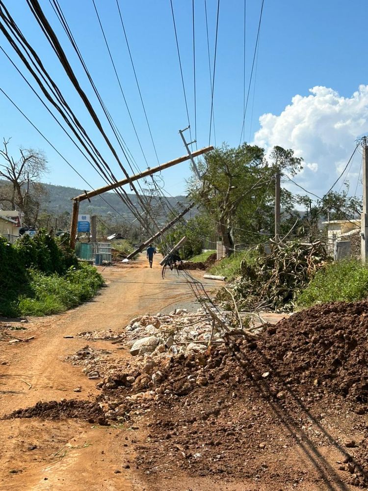 A street with fallen power lines and scattered debris, likely due to a recent storm, under a clear blue sky. A person is seen in the distance walking towards a toppled utility pole blocking the road.