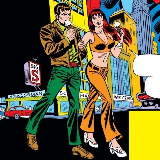 Peter Parker in green pants and a brown jacket walking with Mary Jane, who wears orange pants and a little belly shirt in the same colour, eating ice cream.