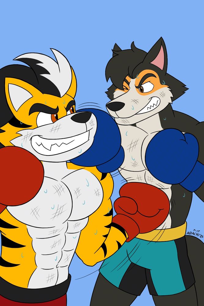 Friendly Fire for ‪@rockystarstriker.bsky.social / V-drift‬ on Art Fight

His wolf OC, Rocky, boxing against my tiger, Tyrone.
Both fighters are covered in sweat and bruises as they attack each other simultaneously; Rocky with a jab to the face, and Tyrone delivering an uppercut to the midsection.

The simple blue background represents an outdoor setting, such as a beach, where the fight is being held.
