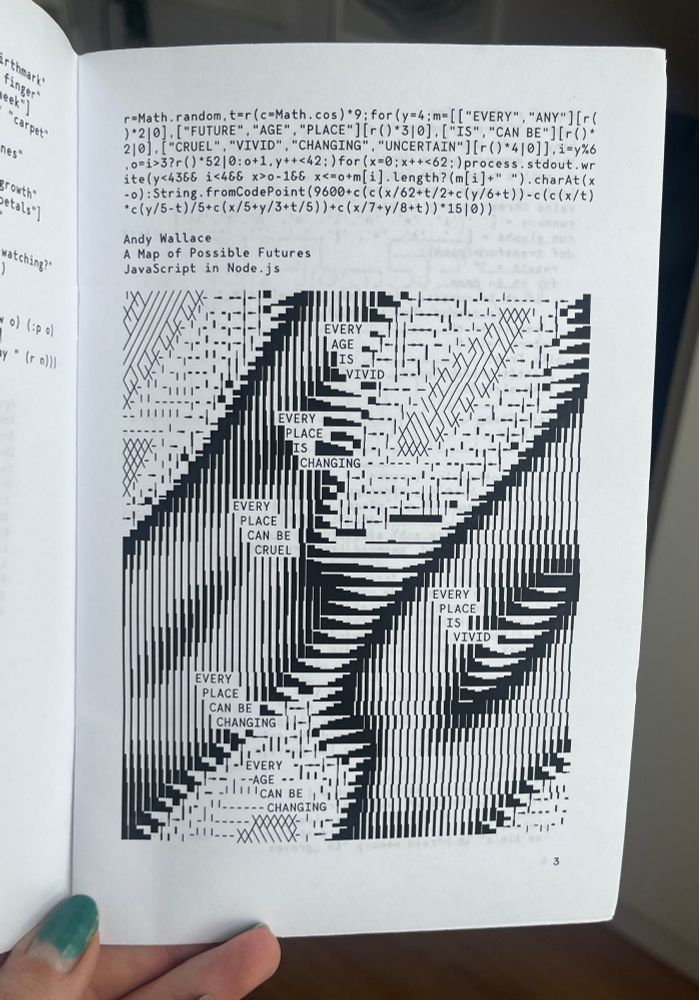 photo of a page from a book with an abstract ASCII pattern and source code on top