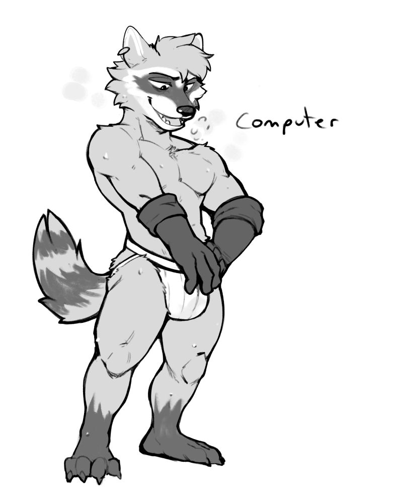 sweaty rocket raccoon in a jockstrap. also the word "computer"