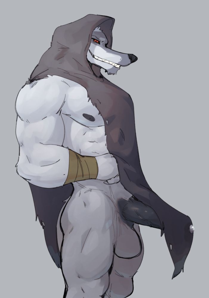 death from puss in boots with a large erection but his hood is on so its partially covered