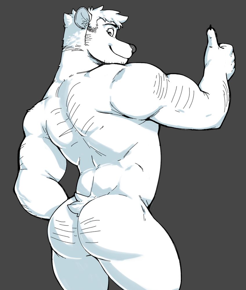 my new bear OC (currently unnamed) showing off his booty. in grayscale because i dont know his colors yet