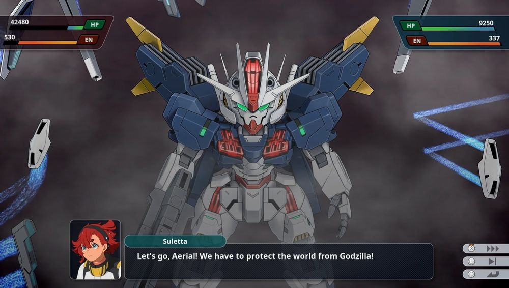 A screenshot from Super Robot Wars Y of Suletta from Gundam Witch from Mercury saying "We have to protect the world from Godzilla!" 