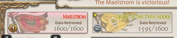 frontline final results in ffxiv. maelstrom (1st place) have 1600/1600 while my team, order of the twin adder, came 2nd with 1595/1600