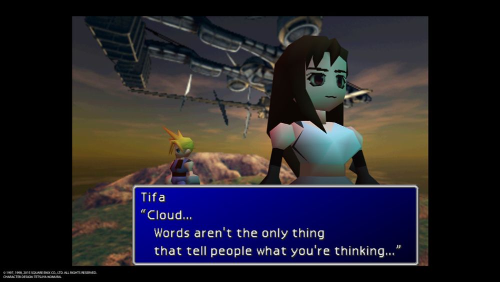 cloud and tifa under the highwind. the text (spoken by tifa) reads: “Cloud… Words aren’t the only thing that tell people what you’re thinking…” 