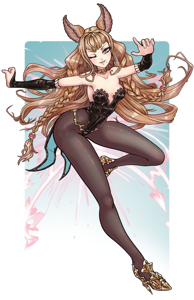 Metera from Granblue Fantasy in a custom bunny suit I designed. She has long dark blonde hair with braids and long fluffy ears. She is wearing a bunny suit leotard with shiny pantyhose and golden high heeled shoes. She is winking at the viewer and giving a coy smile.