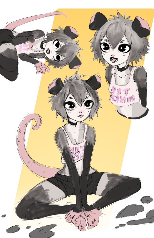 drawings of a cute possum girl. three separate images of her are on the page.

She has grey fur and hair, dark black eyes, a pink nose, hands, feet, and tail. she is wearing black shorts and a white tank top that says not playing.

She is sitting surrounded by trash looking up innocently with no thoughts, head empty.

she is bearing her teeth like she got scared.

she is lying down playing dead.