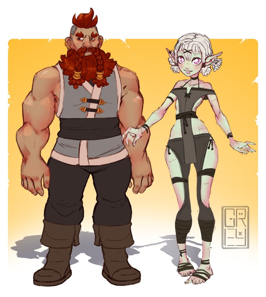 Concept art of Garaek the exiled Dwarven warrior and Snicksy the Goblin Rogue both in their underwear.

Garaek is a strong handsome dwarf with broad shoulders, deep red hair, and a braided moustache with golden bands and a medium chopped beard. He has a haircut with shaved sides and wears several golden earrings and cuffs. His body is chiseled and angular from many years of perfecting his craft at the forge.

Snicksy is an adorable mischievous goblin girl with a slender lithe build and long gangly limbs. She has white hair styled into four pigtails, large cute pink eyes, and pale green skin. She has scratches and scars on her body, and knicks taken out of her ears and one earring cuff made of iron.