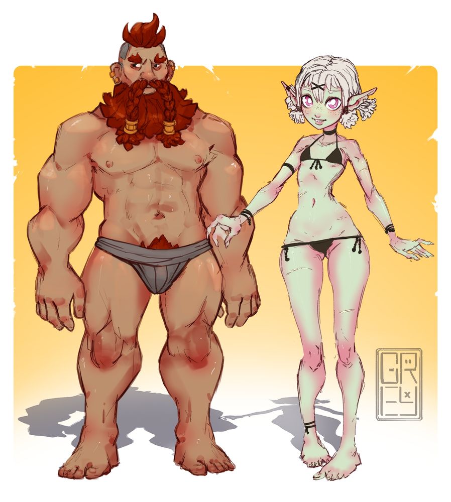 Concept art of Garaek the exiled Dwarven warrior and Snicksy the Goblin Rogue both in their underwear.

Garaek is a strong handsome dwarf with broad shoulders, deep red hair, and a braided moustache with golden bands and a medium chopped beard. He has a haircut with shaved sides and wears several golden earrings and cuffs. His body is chiseled and angular from many years of perfecting his craft at the forge.

Snicksy is an adorable mischievous goblin girl with a slender lithe build and long gangly limbs. She has white hair styled into four pigtails, large cute pink eyes, and pale green skin. She has scratches and scars on her body, and knicks taken out of her ears and one earring cuff made of iron.