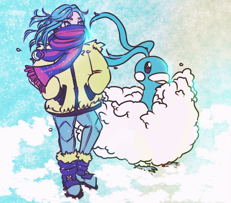 art of grusha from pokemon, standing on snowy ground while it's snowing. his altaria sits comfortably next to him.