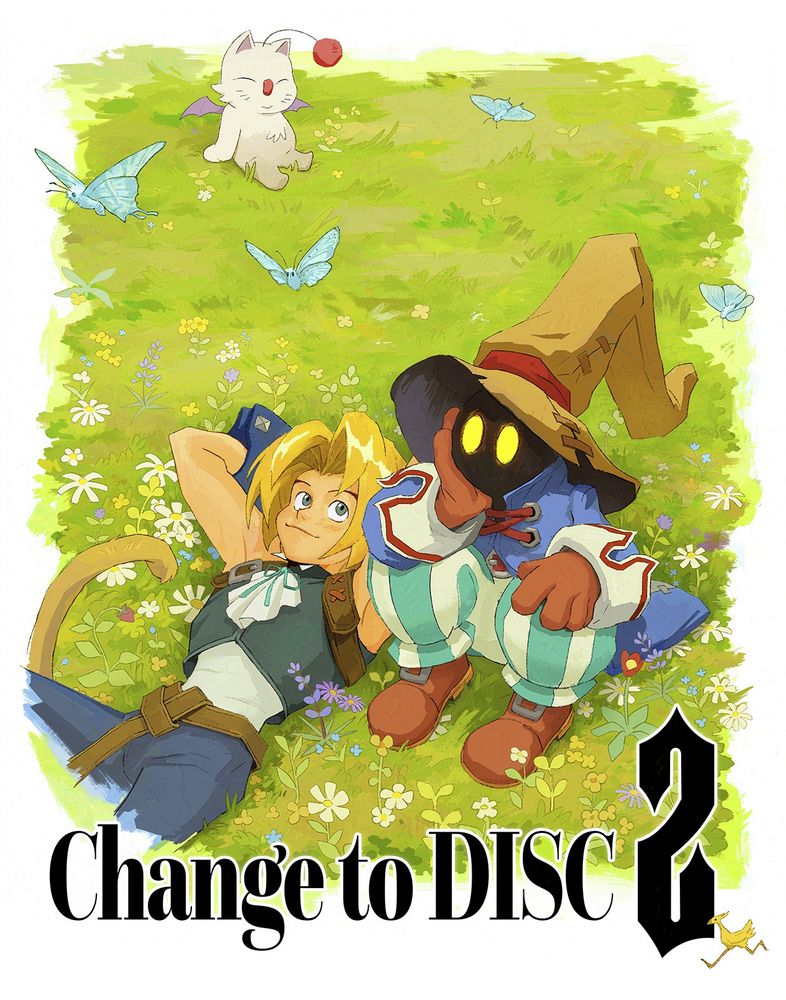 Zidane, Vivi and a Moogle lay on grass and flowers enjoying the sun. Vivi looks up towards several blue butterflies. There is text below them that says change to disc 2