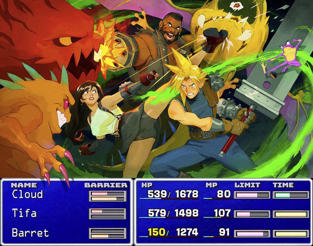 An illustrated battle screen from final fantasy 7.  Cloud, Tifa and Barret are in pitched battle with a Bomb, Allemagne and a Boundfat. Barret fires his gun arm at the Bomb and Tifa kicks the Allemagne while Cloud readies his buster sword attack on the Boundfat. Information on their stats in displayed in a blue box reminiscent of the games display.

