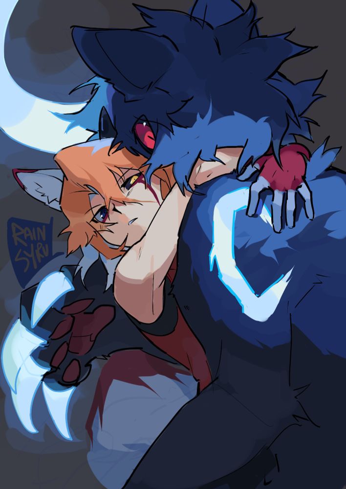 Xin, a fox demon, clinging on to Huey, a wolf demon, whose eye is the only unobscured part staring back at the camera