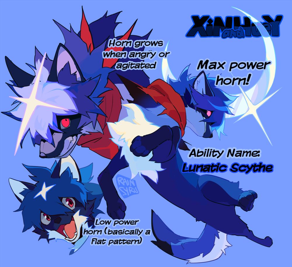 Ability Name: Lunatic Scythe
Horn grows when angry or agitated (Huey as a black wolf with a piercing light coming from his forehead)
Max power horn! (it looks like a crescent moon)
Low power horn(basically a flat star pattern) 
