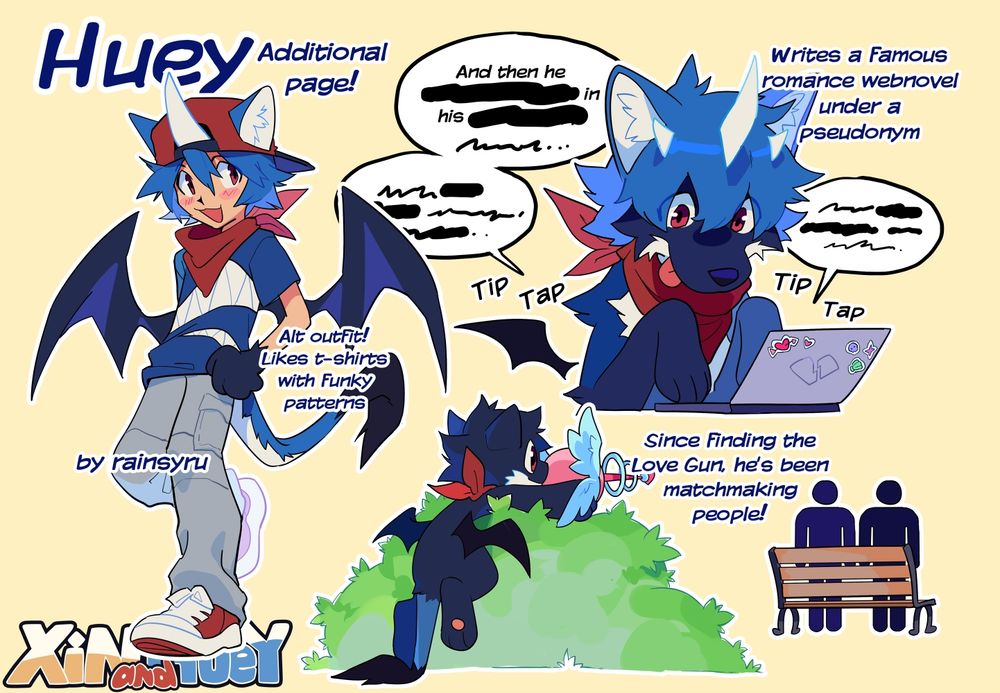 Heartbreak AU Huey additional page! One full body drawing of him wearing a cap on backwards and a t-shirt with teeth patterns. His wolf form on the write is typing on a laptop, he writes a famous romance web novel under a pseudonym. Ever since finding the Love Gun, he's been matchmaking people! Accompanying art is low-power form hiding behind a bush about to strike two NPCs sitting on a bench together.