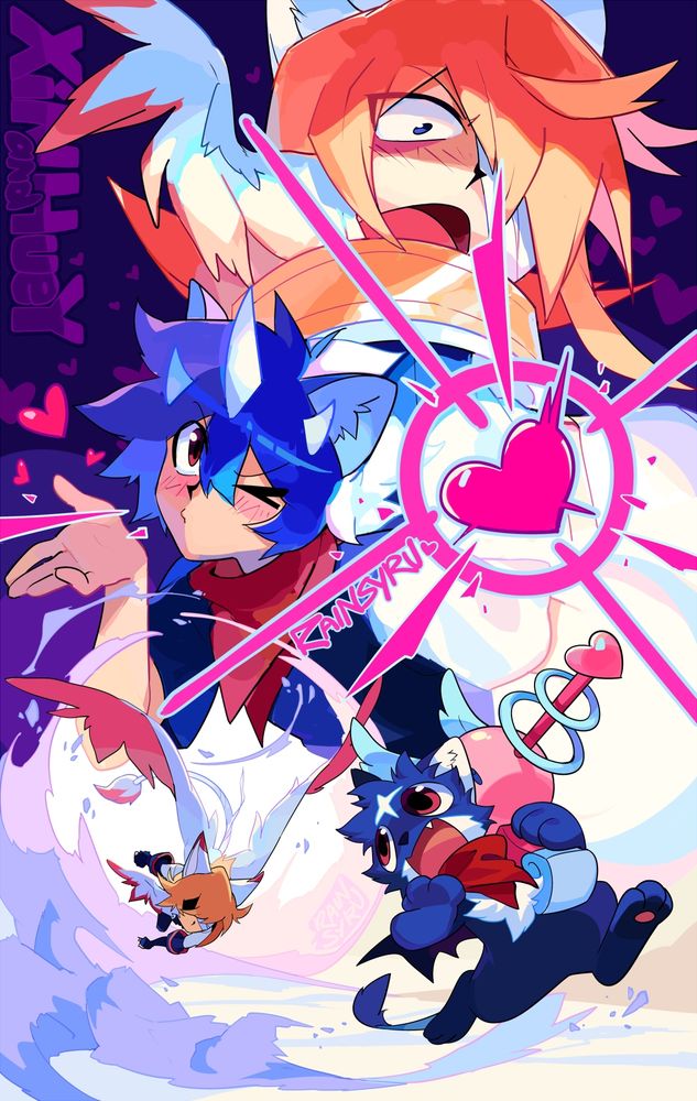 Collage illustration of Xin(angel form) chasing Huey(low power form) frantically running away with the Lovegun
Bust shot of Huey blowing a kiss and bust shot of Xin getting shot thru the heart with love 