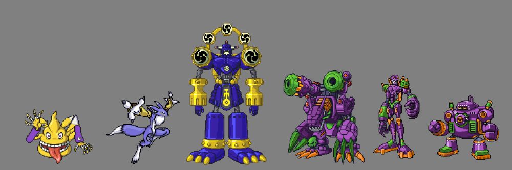 RenaSukamon (Number 2), Kitaumon (Negative), RaidenGalgomon (Gigavolt), Mugendramon EVA (Atomic Purple), Hi-Andromon EVA (01), Guardromon EVA (Grape flavor Fanta).