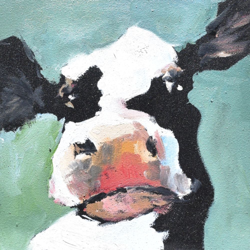 The photo shows a black and white cow portrait with a grumpy expression. The painting has a blue-green background.