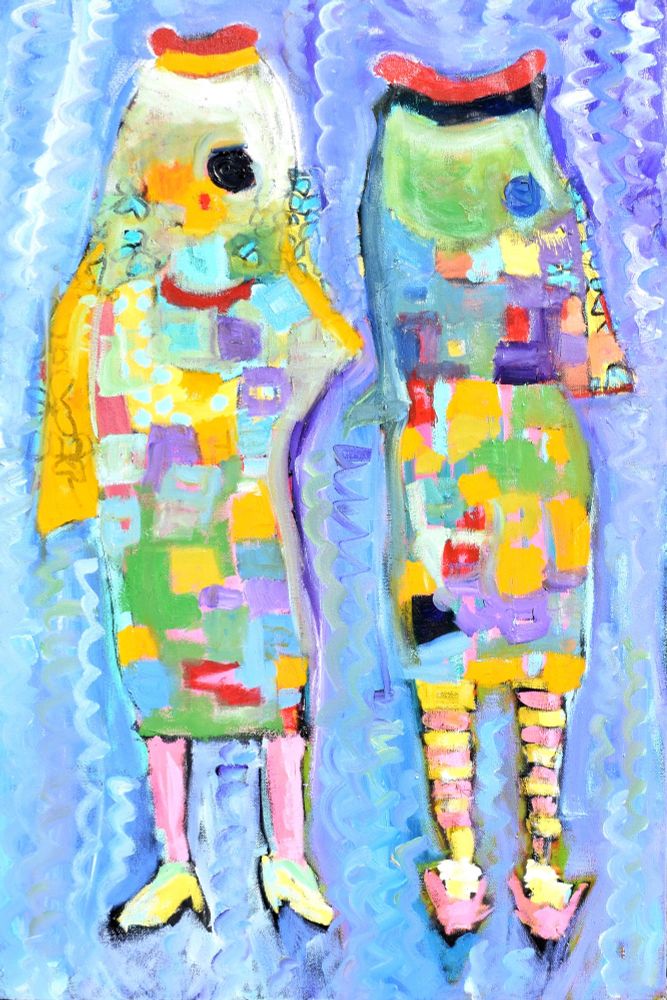 Abstract whimsical oil painting of two figures of fish as ladies with high heel shoes.