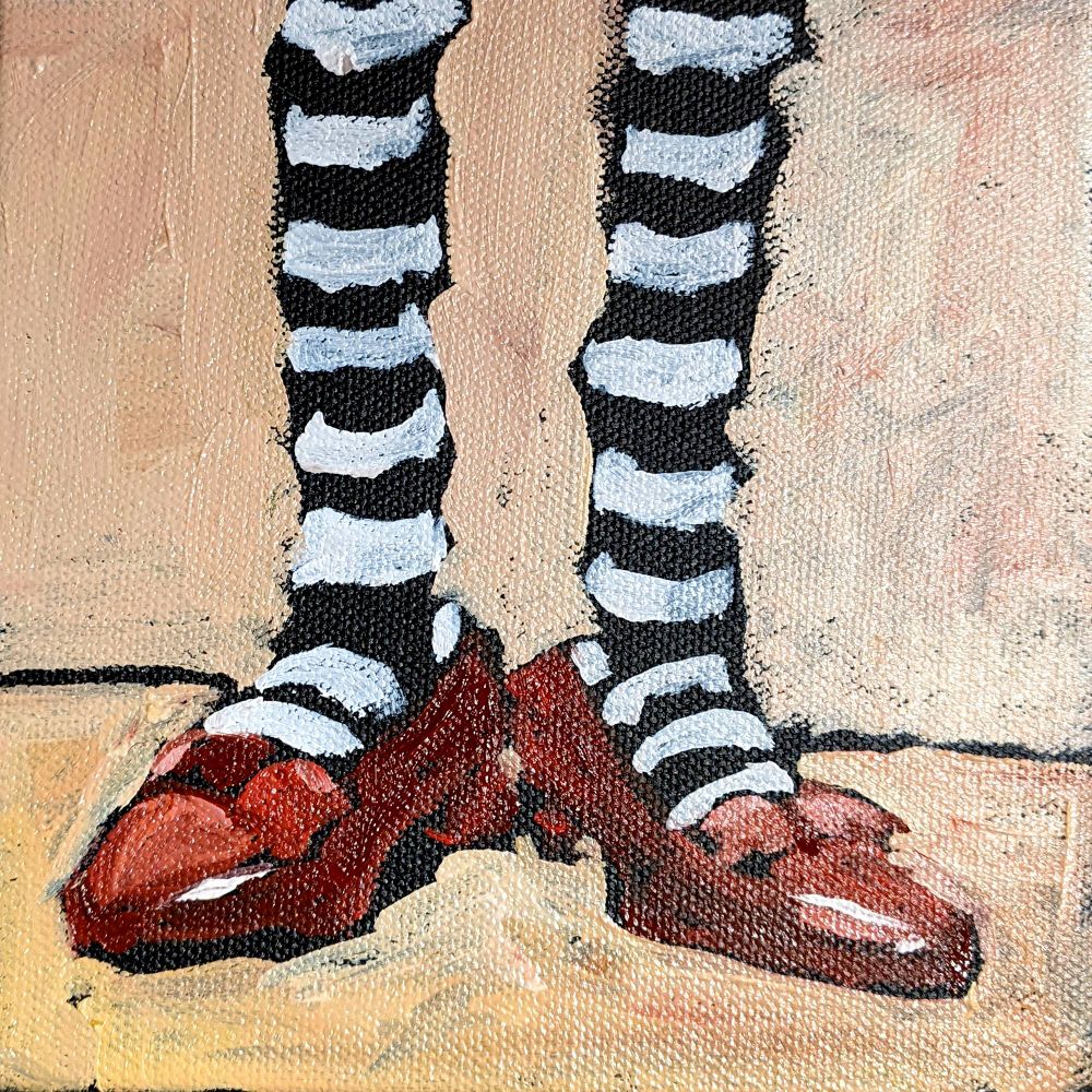 This image shows a painting of legs and feet attired in black and white socks and red, shiny pumps.