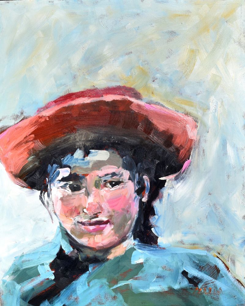 This is ab oil portrait on canvas of a young woman with dark hair. She's wearing a red hat with a large brim and a blue high neck jacket.