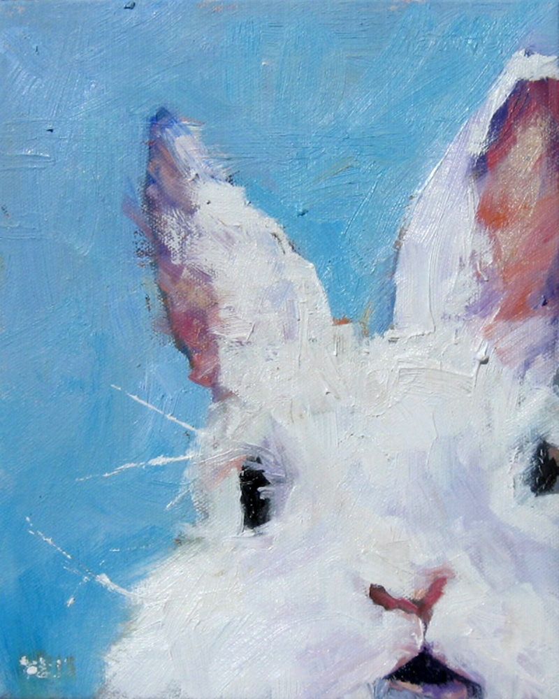 Oil portrait of a bunny rabbit on a blue background.