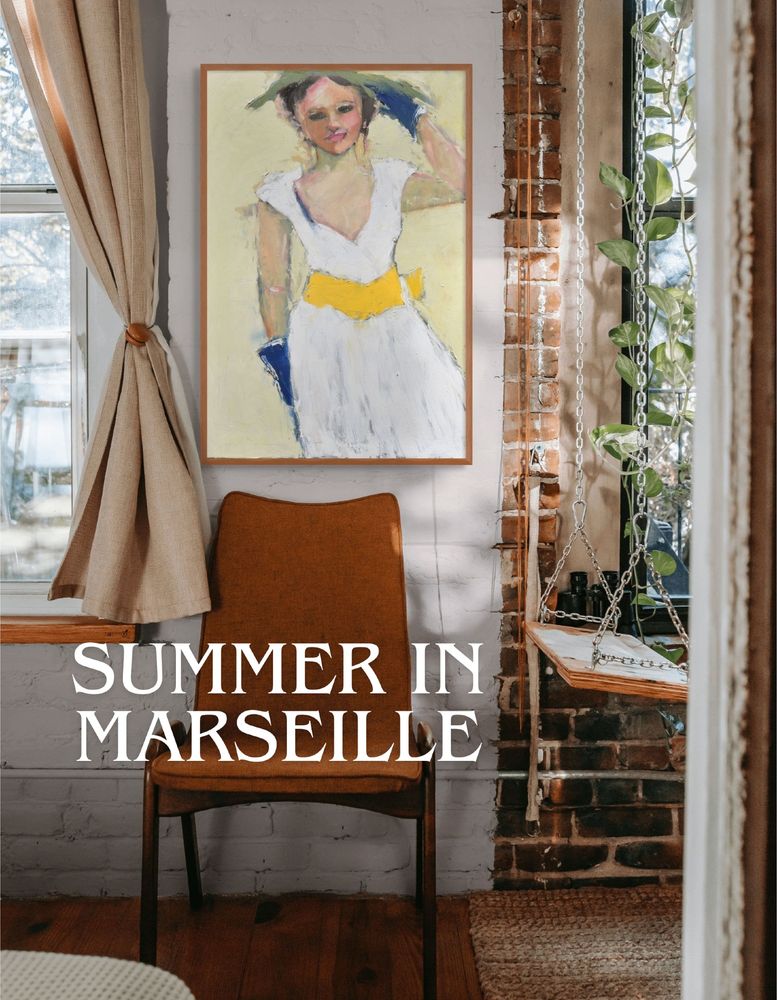 The image is of a painting of a woman in a white dress, green hat and blue golves. The paintiing is displayed in a setting over a chair and there is a brick wall and a swing on the right. The caption overlay reads," Summer in Marseille".