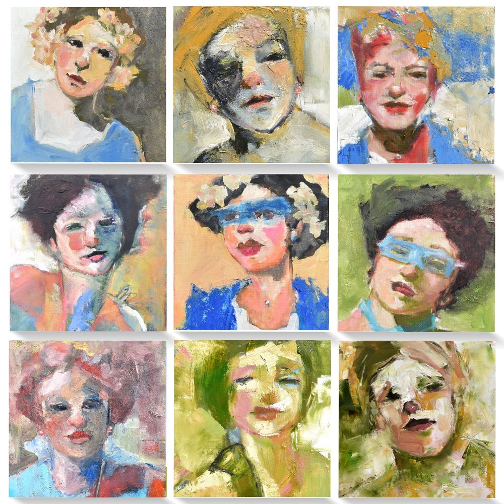 Nine images of oil portraits of women.