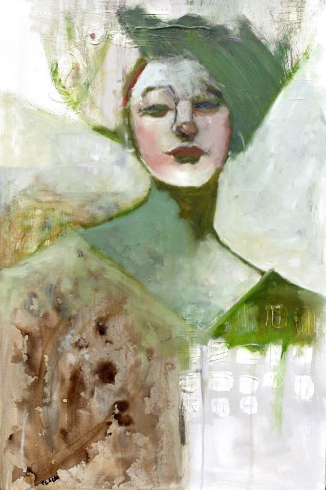 The image depicts an abstract portrait of a woman in a brown and green dress and headdress.