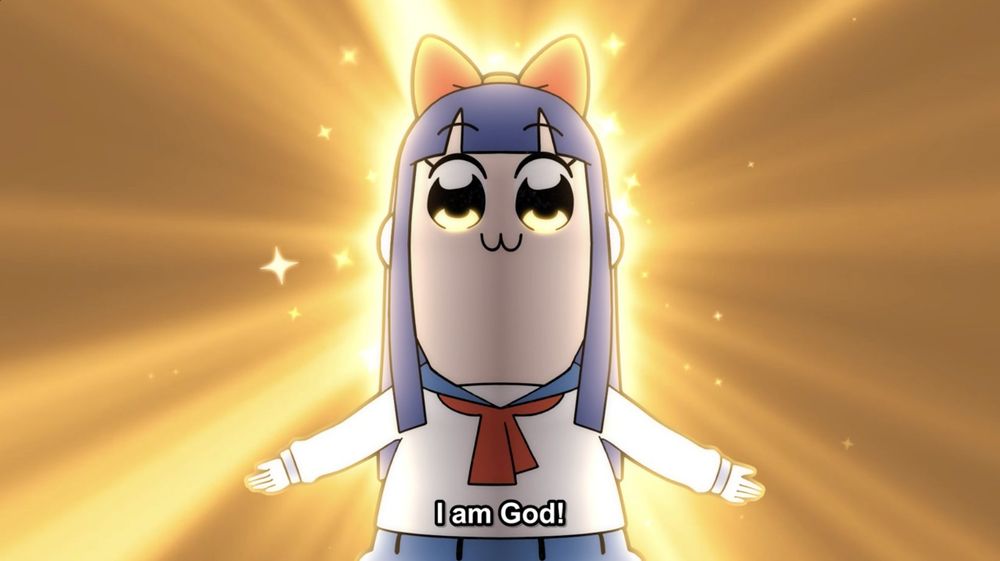 The blue-haired anime girl from Pop Team epic stands in front of a shining golden background with her arms spread out wide. The subtitle of the image says "I am God!"