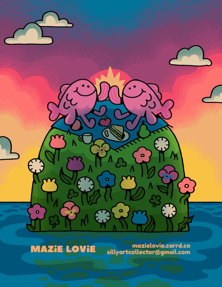 Two fishes sitting on a flowery island together, they high five like best friends!