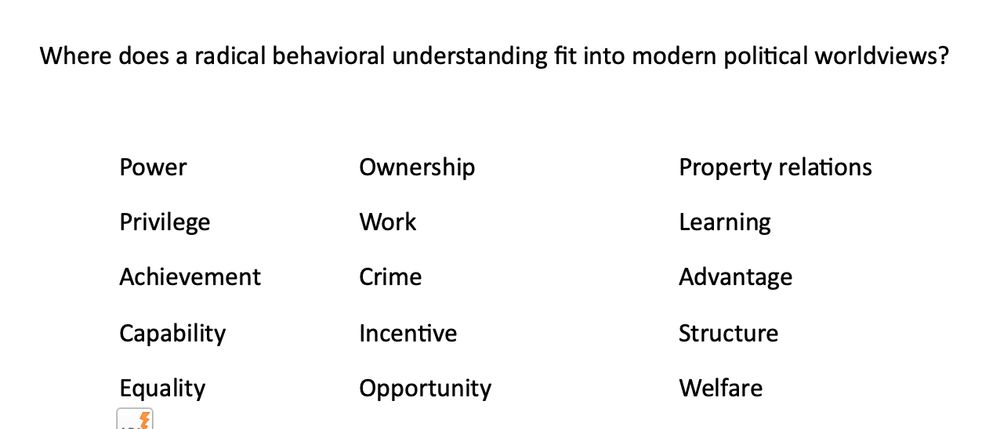 Where does a radical behavioral understanding fit into modern political worldviews?

Power			Ownership			Property relations
Privilege		Work				Learning
Achievement		Crime				Advantage
Capability		Incentive			Structure
Equality		Opportunity			Welfare
