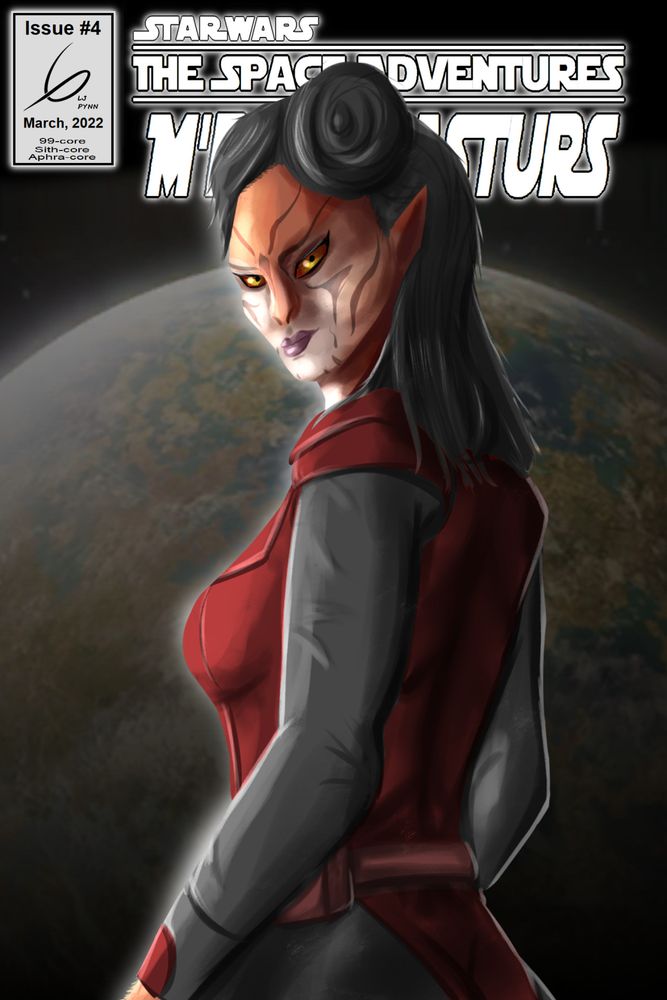 Digital painting of a Cathar woman from Star Wars in black and red robes standing in front of a planet