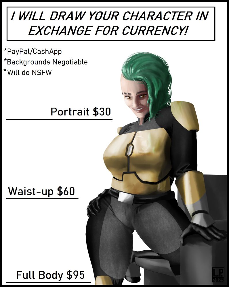 Art Drawing in exchange for currecny Sheet

Portrait 30
Waist-up 60
Full Body 95