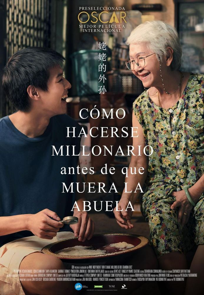 Cartel de la película "Cómo hacerse millonario antes de que muera la abuela" con los dos protagonistas mirándose y riendo y por delante, el texto del título