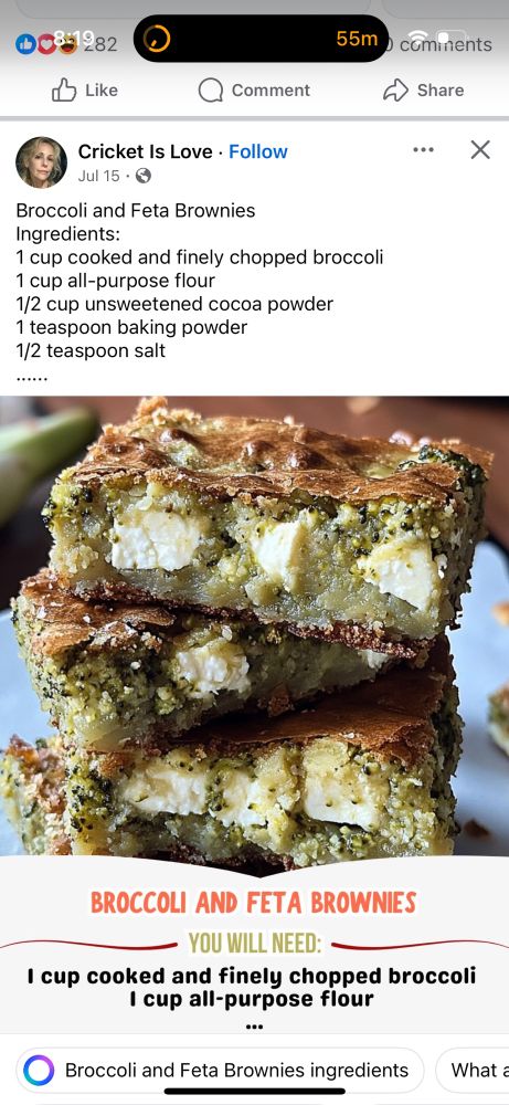 
Broccoli and Feta Brownies
Ingredients:
1 cup cooked and finely chopped broccoli
1 cup all-purpose flour
1/2 cup unsweetened cocoa powder
1 teaspoon baking powder
1/2 teaspoon salt

