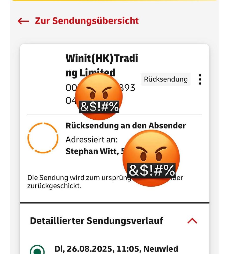 DHL Sendungsverlauf, Rücksendung an Absender.