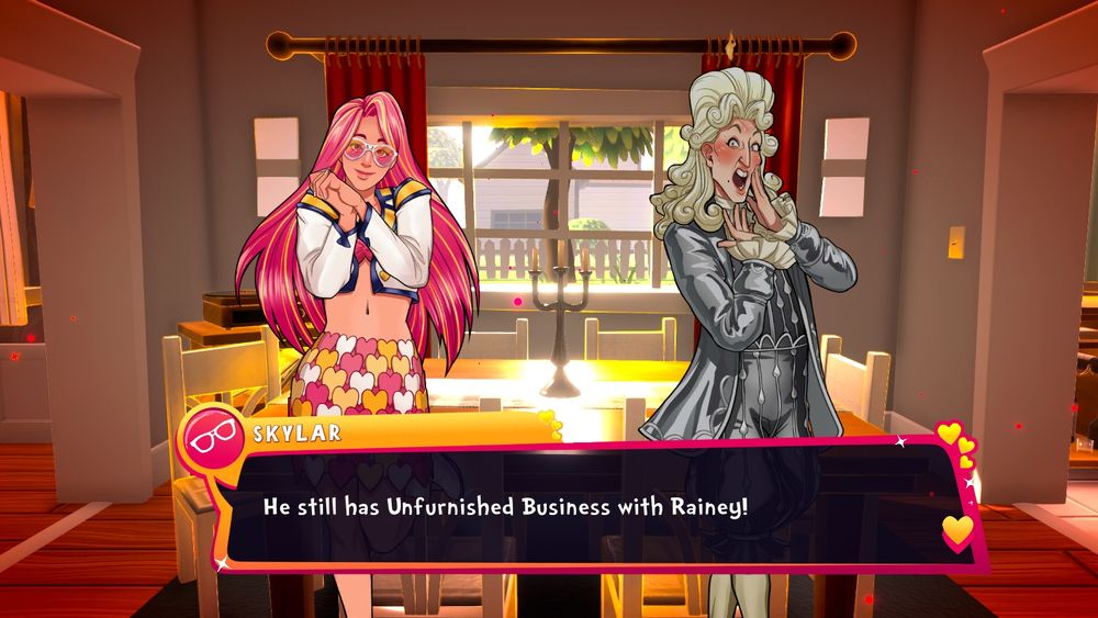 Screenshot of Skylar saying Scandalabra can't be realized as "he still has Unfurnished Business with Rainey!" (obviously a bug as Rainey has already been realized so this shouldn't be a problem)