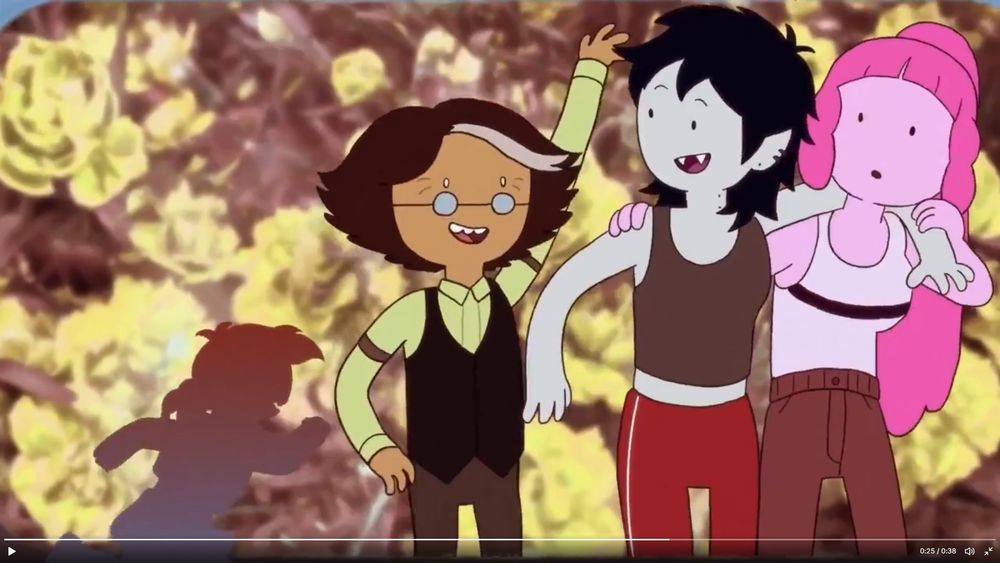 Simon running into Marceline and Princess Bubblegum (Marcy has her arm around PB), silhouette of Fionna running in the lower left of foreground