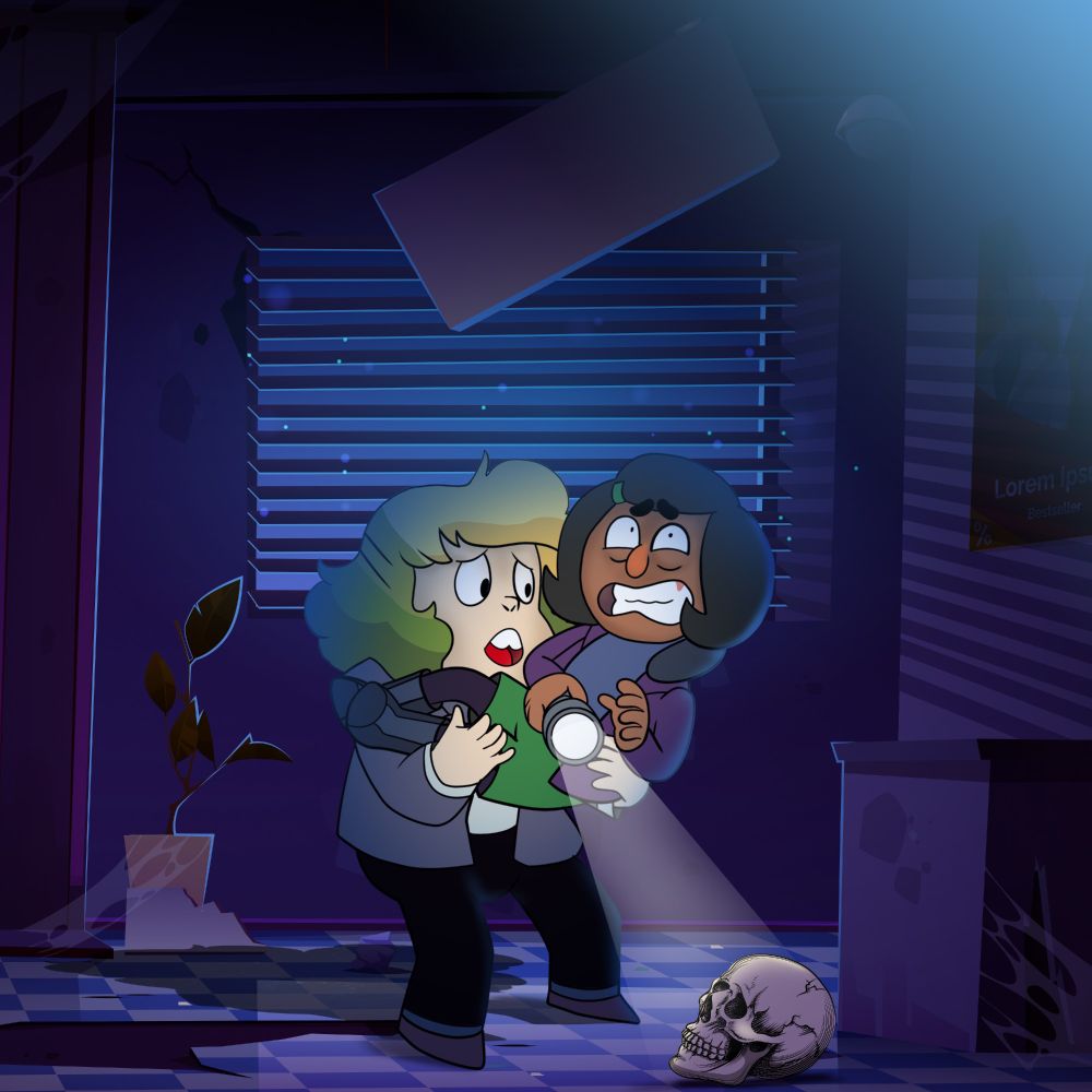Commissioned art by AshleyStorm of Sadie and Norma (DeadEndia/Dead End: Paranormal Park) in a spooky room. Sadie is holding Norma similarly to how a terrified Shaggy holds Scooby Doo. There is a skull on the floor. Sadie's hair color is similar to how it looks in the movie, blonde fading into green