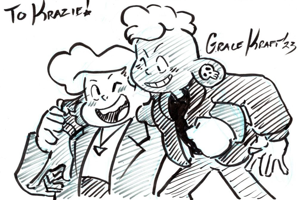 Commissioned art by GraceKraft of Lars and Sadie, Sadie is wearing her Movie fit and Lars his movie/Little Graduation fit. they have one arm on the other and are happy and blushing