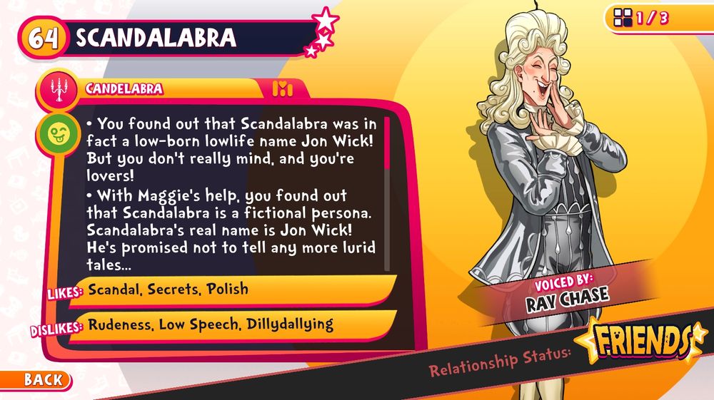Scandalabra Date-A-Dex entry, Relationship status says Friends, top entry however reads "You found out that Scandalabra was in fact a low-born lowlife named Jon Wick! But you don't really mind, and you're lovers!"