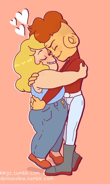 Commissioned art by kikyz of Lars and Sadie (Steven Universe) holding each other close, Sadie slightly lifted off the ground, noses and foreheads touching. Sadie is wearing a blue tank top and jeans, Lars (not pink) in his space captain gear minus cape (red long sleeved shirt, white pants, black boots). 