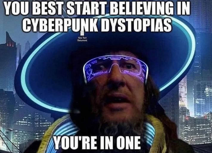 Captain Barbossa with a neon overlay and text reading “You best start believing in cyberpunk dystopias, you’re in one.”