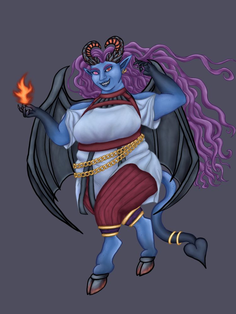 The artist's oc (Forte, he/him), a succubus demon with a full figure, blue skin and long purple hair. The core of his splintered black horns are glowing orange as he casts fire magic.
