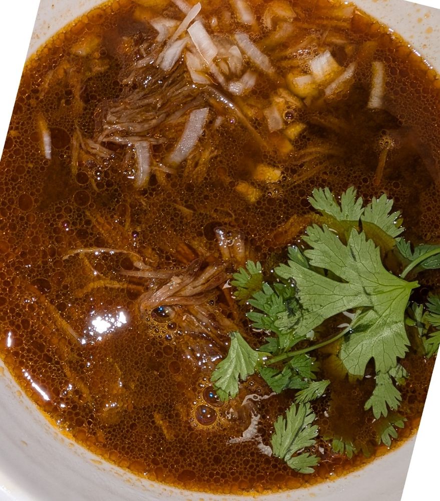 A bowl of the beef birria with chopped onion and cilantro.